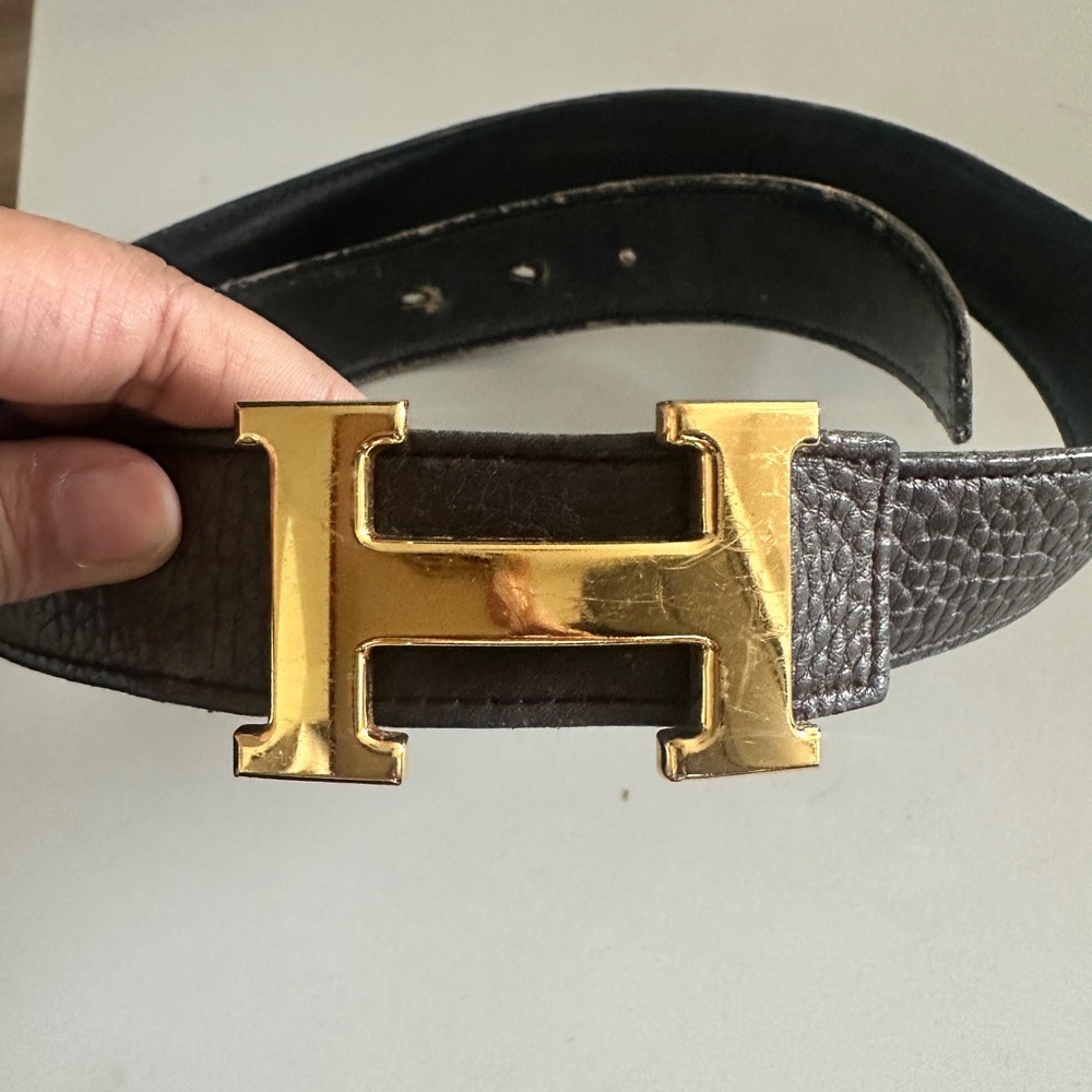 Hermes Black Leather Belt with Gold Buckle
